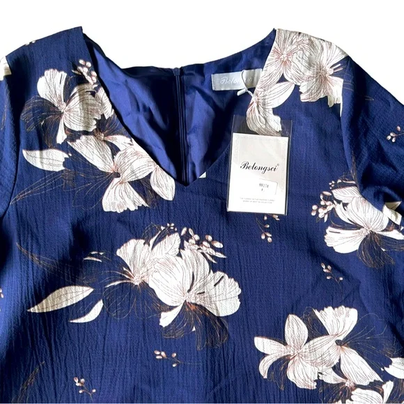 NWT BELONGSCI Womens V-Neck Bell Sleeve Shift Dress Mini Dress Navy Size Large - Picture 4 of 12